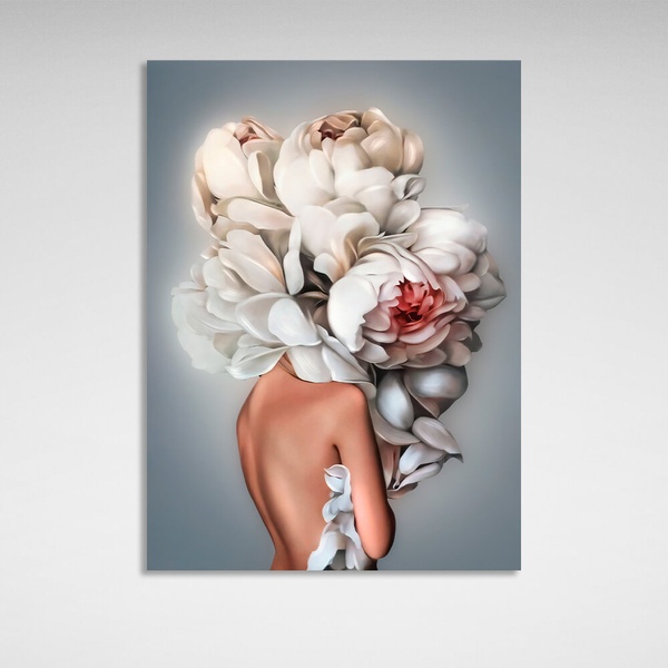Картина на полотні інтер'єрна Дівчина з білими квітами на голові на сірому тлі, 30х40 см, Холст поліестеровий