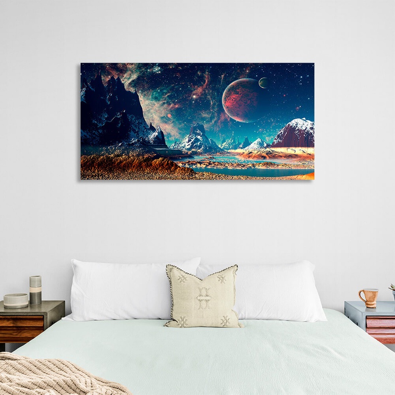 Картина на холсте космос с планетами в голубом цвете, 30х60 см, Холст натуральный